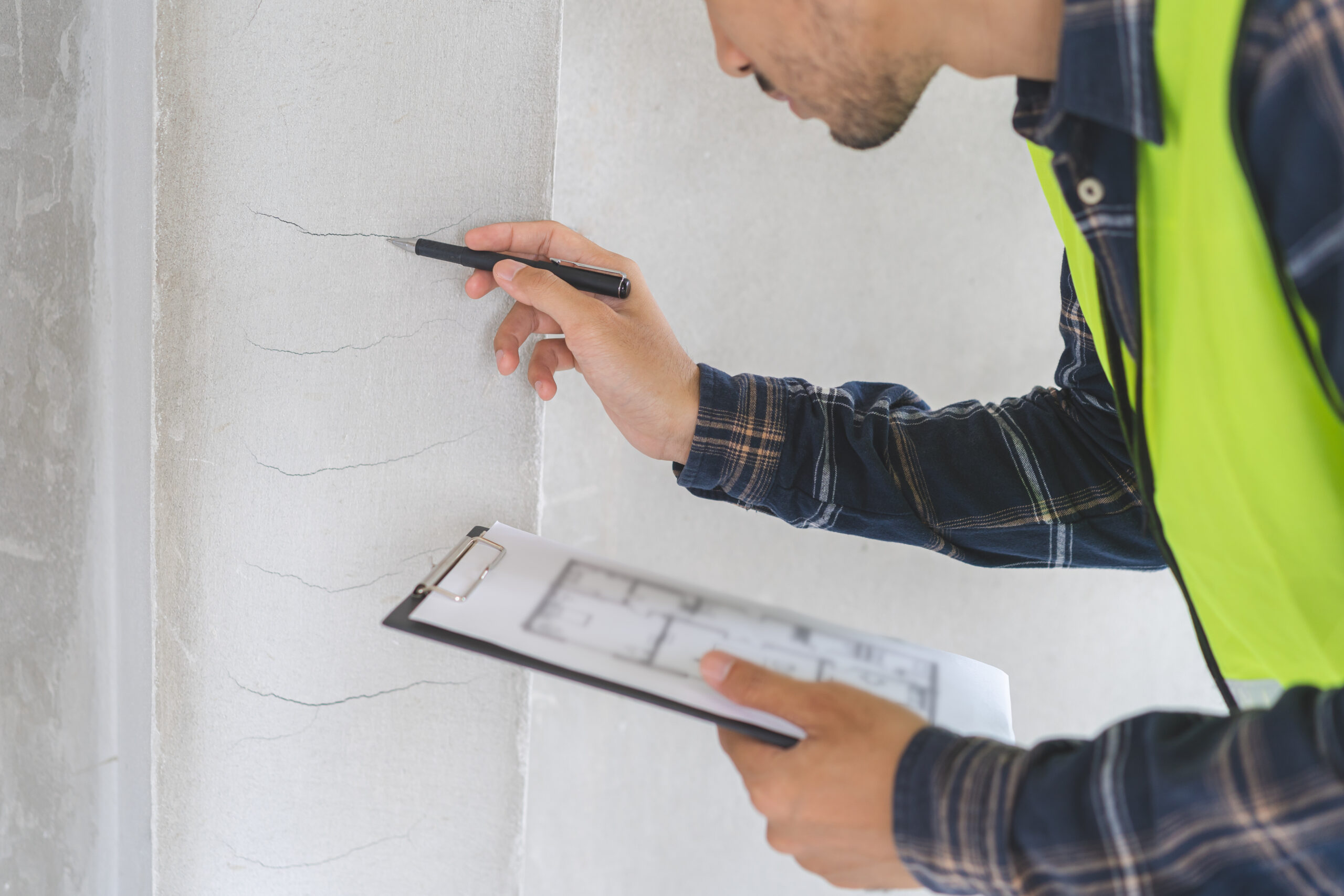 Building inspection asian contractor young man, male inspecting home, reconstructed construction, renovation or check defect, before finish handing it over to client, customer. Engineering worker.